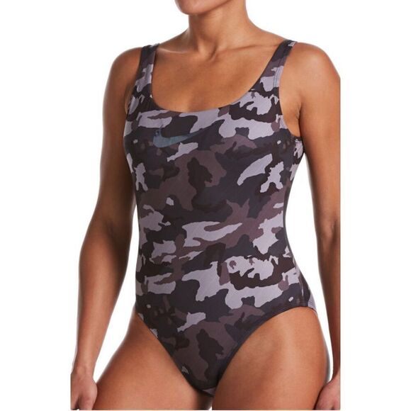 Nike NESSA326 001 Black/Gray Camo U-Back One-Piece Swimsuit - Picture 1 of 5